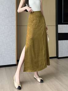 1 件竹叶图案新中式复古缎面舒适飘逸开叉下摆半身裙，适合所有季节 - 黃色 - 查看 3