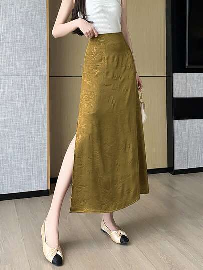 1pc Bamboo Leaf Pattern New Chinese Style Retro Satin Comfortable Flowy Split Hem Skirt, Versatile For All Seasons