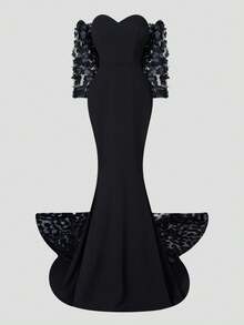 Faeriesty Elegant Floral Appliques Tulle Train Mermaid Hem Tube Wedding Dress - Black - View 10