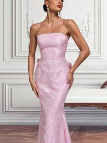 Jacquard Strapless Long Mermaid Dress With Oversized Bow, For Party & Evening Gown - Pink - View 4