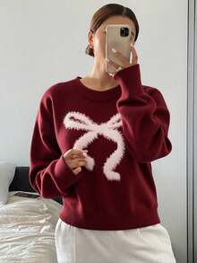 Livesso New Arrival Autumn Plush Bow Knitted Sweater For Women Christmas - Burgundy - View 5