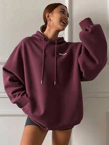Livesso 女士宽松休闲连帽运动衫，秋季开学季新品 - 酒紅色 - 查看 6