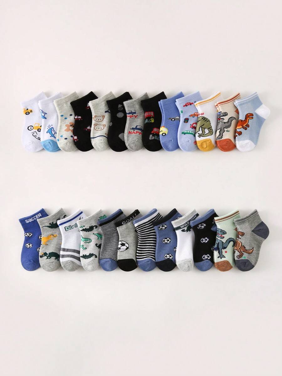 5/12 双儿童/男孩/女孩袜子，校园/学校袜子，带有足球/汽车/恐龙图案，透气柔软休闲舒适运动袜，适合日常穿着、礼物、返校、运动、课堂、新学期、学生，多种颜色和图案 - 彩色 - 查看 1