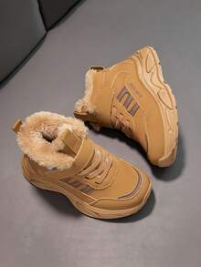 轻便儿童高帮鞋，保暖内衬，小学生女童跑步运动鞋，中大童毛绒踝靴，男童魔术贴防滑运动鞋，时尚校园学生婴儿厚底运动鞋 - 卡其色 - 查看 2