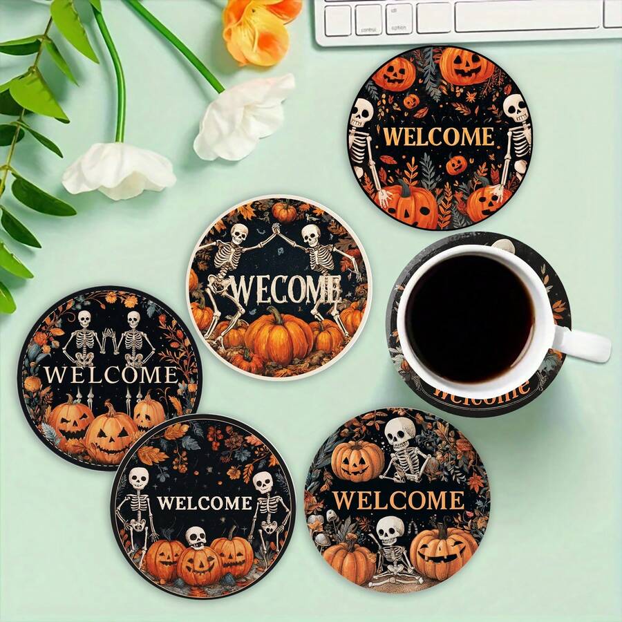 Set de 1/4/6 piezas: Posavasos de barro de diatomeas con estampado de calabaza de Halloween, posavasos de café con motivos florales, decoración multiusos para el hogar y restaurantes, regalos diarios, decoración de mesa, decoración temática para fiestas