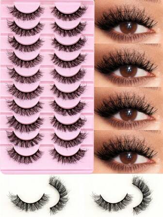 10 par 3D lyxiga fluffiga lösögonfransar - tjocka, spetsiga, 3D-volym, återanvändbara, mjuka, lätta, konstgjorda minkfransar, naturliga fylliga lösögonfransar, volymgivande ögonfransförlängning, resetillbehör, enkel applicering, lösögonfransar, ögonfransar, lösögonfransar, sminkverktyg