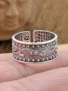 1pc Vintage Double Fish Heart Sutra Koi Fish Open Ring, Luxury Ring For Men, Versatile Daily Jewelry Gift
