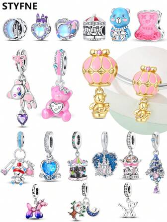 STYFNE 1pc梦幻城堡、树屋、气球、贵宾犬、脏粉色熊、月亮城堡串珠吊坠，适合DIY手链、女士饰品、手工日常小礼物