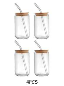 1PC 450/550ml Can Shaped Glass Cups With Bamboo Lids And Straws, Iced Coffee Cup, Reusable Beer Can Tumbler, Aesthetic Drinkware, Travel Coffee Mug, Cute Smoothie Tea Cup, For Summer, Gifts, Glass Cups