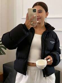 Livesso Women Short Padded Coat With Letter Print, Winter Women Clothes, Padded Coat Women Jacket