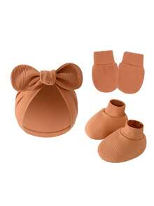 3 件套婴儿帽子手套和脚套套装新生儿帽子柔软婴幼儿结扣无檐小帽适合 0-12 个月男婴女婴