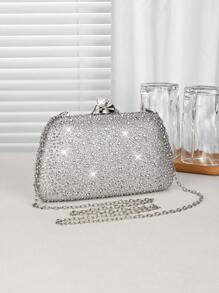 1pc Silver Glitter Rhinestone Embellished Women's Evening Clutch Bag, Fashionable & Elegant Handbag With Metal Chain, Suitable For Parties, Romantic Weddings, Formal Occasions, Banquets, Great Gift For Women