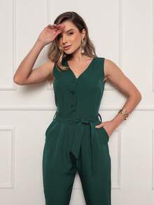 Women's Long Jumpsuit In Modern Tailoring With V-Neckline, Wide Straps And Tie At The Waist, Versatile Sophisticated Style - 墨綠色 - 查看 1