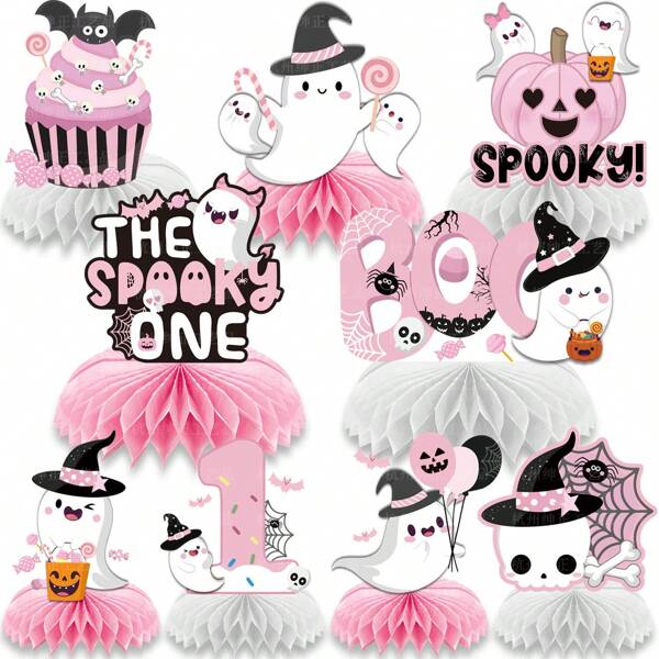 Set de 9 piezas Decoraciones de papel picado en forma de panal de estilo Halloween en color rosa con diseños de calabaza, fantasma y cráneo. Estructuras cúbicas impactantes para centros de mesa, revelación de género, decoración de fiesta de cumpleaños de bebé de 1 año, fiesta de baby shower y talla grande decoración para fiestas familiares y regalos.