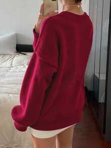 Livesso 女士圆领宽松针织毛衣，带蝴蝶结细节，七分袖上衣，秋季、冬季圣诞节、新年 - 紅色 - 查看 5