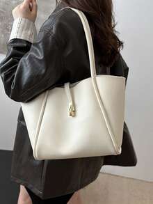 New Fashionable Solid Color Luxury Elegant Versatile Women Shoulder Tote Bag, White Bag - White - View 2