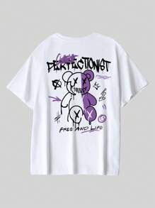 T-shirt da uomo in cotone a coste, stampa di orso in stile street, abbigliamento sportivo da uomo in stile college per la primavera e l'estate, top a maniche corte da uomo bianchi, morbidi e traspiranti.