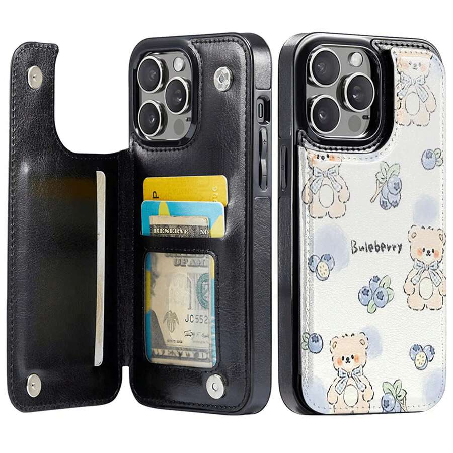 Blueberry Bear Wallet-Style Mobile Phone Case Designed With Cute Teddy Bears And Blueberries Suitable For IPhone 16e 16 15 14 Plus 13 12 11 Pro Max SE 2022 7 8 Plus X XR XS Max Wallet-Style Mobile Phone Case With Card Slot Holder And Double Magnetic Buckle Durable Protective Cover - Coffee Brown - View 1