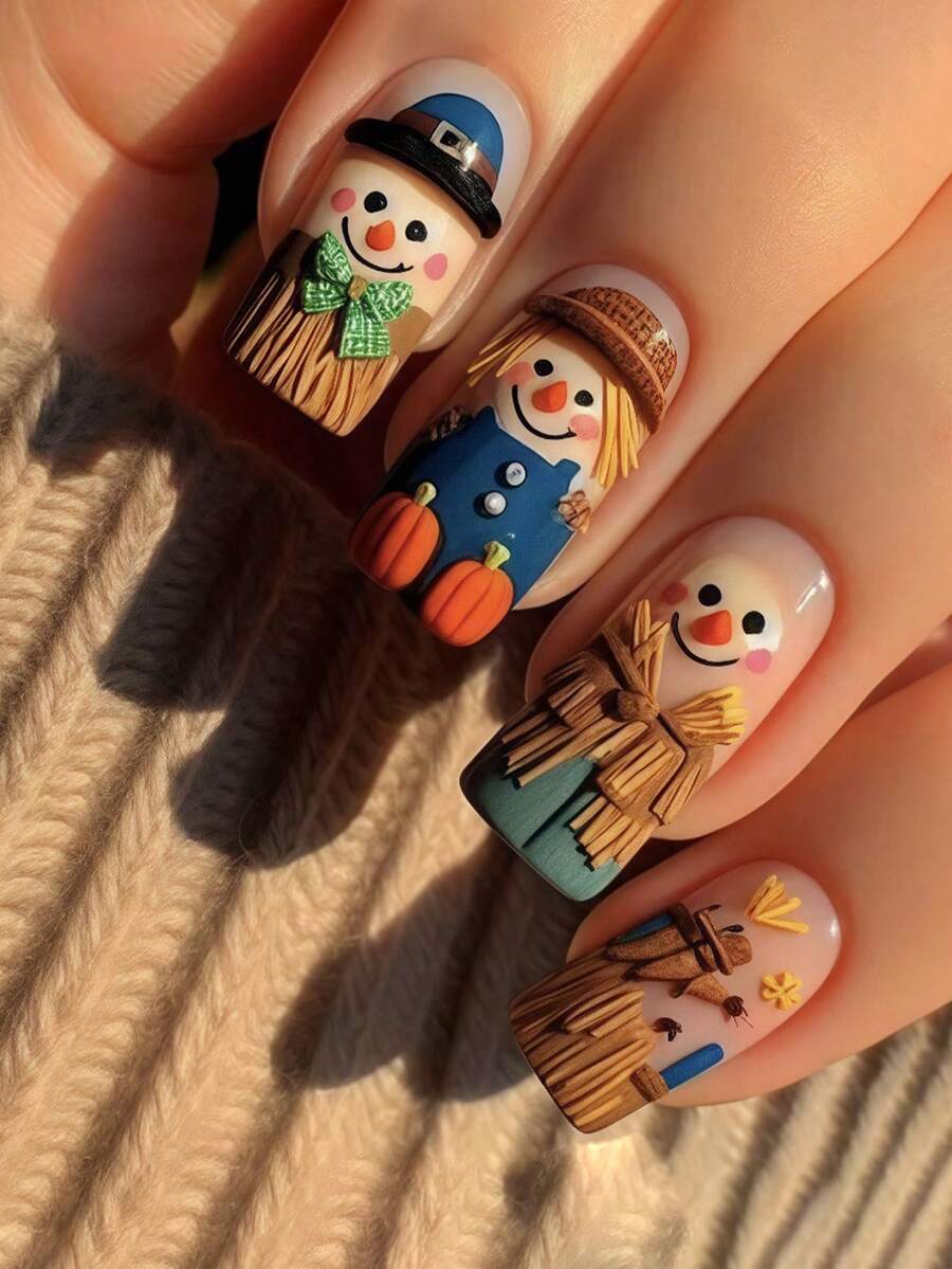 24 件中长款欧式方形万圣节稻草人美甲南瓜甘草可穿戴指甲画假指甲压指甲套装 - 配有 1 个果冻胶 + 1 个指甲锉，派对美甲，适合女士和女孩作为礼物按压指甲美甲用品指甲 - 彩色 - 查看 1