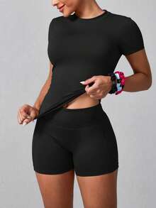 Women's Simple Solid Color Short Sleeve Shorts Sports Suit Black Summer - 黑色 - 查看 2