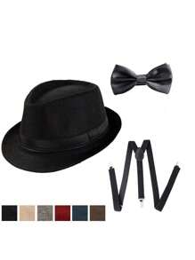 3 pièces Ensemble rétro de chapeaux en feutre doux de style années 1920 Accessoires convenant pour le bal, le dîner, le spectacle, la scène, la fête, le chapeau en feutre doux à la mode, le nœud papillon, les bretelles pour Halloween