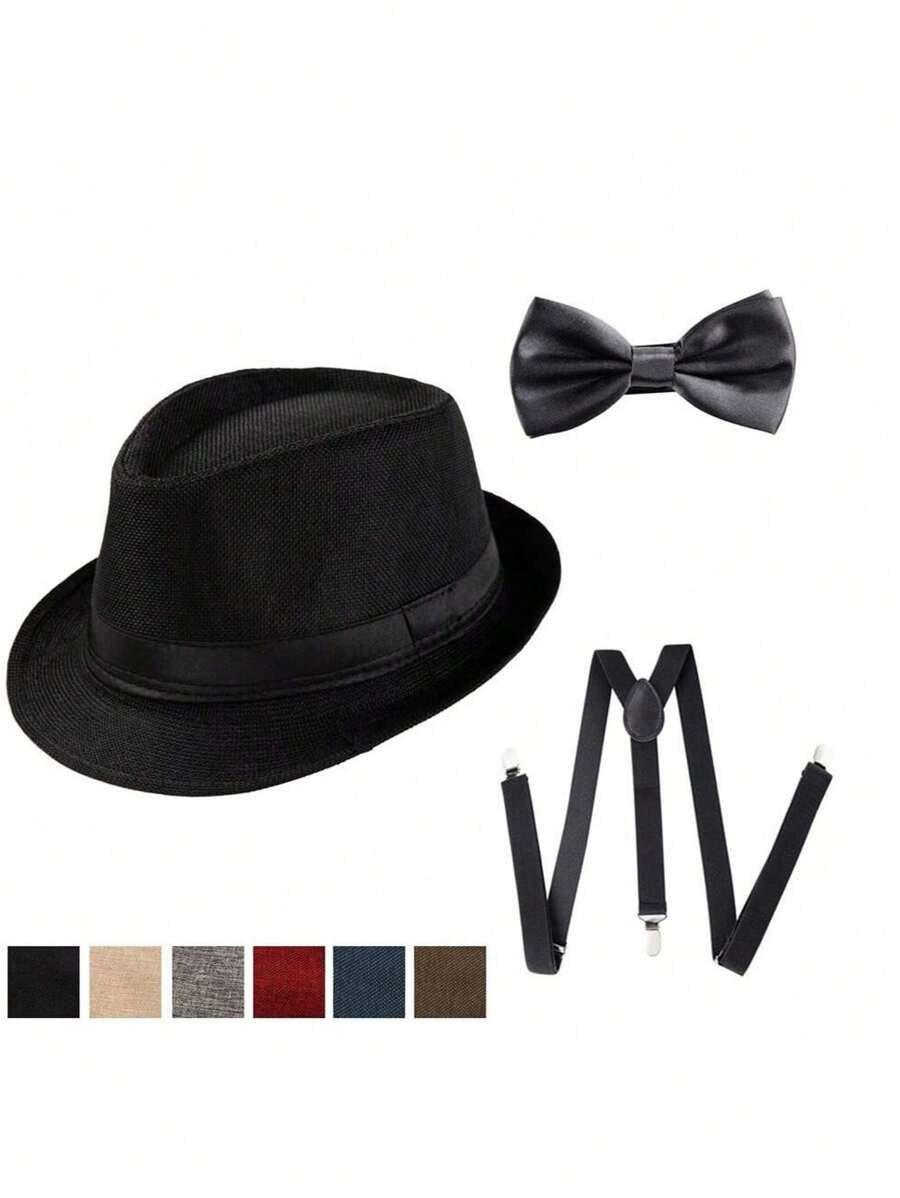 3 pièces Ensemble rétro de chapeaux en feutre doux de style années 1920 Accessoires convenant pour le bal, le dîner, le spectacle, la scène, la fête, le chapeau en feutre doux à la mode, le nœud papillon, les bretelles pour Halloween