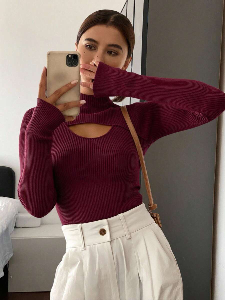 Livesso 纯色镂空半高领毛衣、长袖上衣、秋季女装