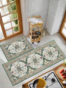 1pc Green Bohemian Style Kitchen Rug, Modern Super Soft Fiber Kitchen Mat, Comfortable Bedside Rug, Hallway Carpet, Stripe Rug, Non-Slip Absorbent Kitchen Mat, Suitable For Floors, Comfortable Standing Mat, Running Mat, Party Gathering Home Decor Rug, Indoor Entrance Mat, Outdoor Doormat, Thick Soft Kitchen Floor Mat, Non-Slip Kitchen Decorative Rug, Easy To Clean Entryway Welcome Mat - Multicolor - View 3