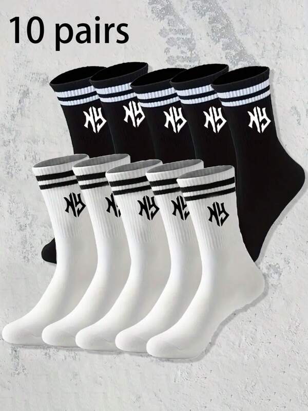 10 pares de calcetines de media caña, negros y blancos con estampado de letra NY, de doble raya, casuales y versátiles para deportes, adecuados para la vida diaria, calcetines de otoño