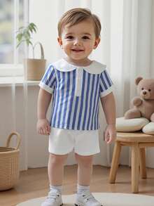 Set de 2 cămașă cu mânecă scurtă, cu guler bleumarin, dungi, cu jumătate de fantă, și pantaloni scurți de culoare uni pentru bebeluși băieți, la modă, casual, potrivit pentru purtare zilnică de vară și vacanță - Multicolor - Vizualizare 4