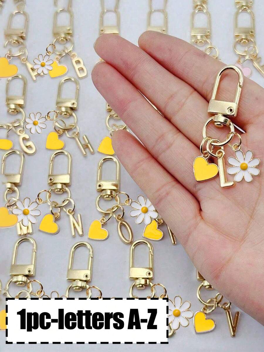 1pc Personalized Yellow Heart Pendant, Customizable With Initial Letter & Daisy Pattern, Heart Pendant, Daisy Keychain, Letter Keychain, Heart Keychain Accessory, Customized Bag Charm, Gift, Keychain, Unique Phone Accessory, Minimalist Design - Multicolor - View 1