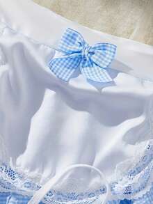 Women's Maid Lingerie Set Sleeveless Plaid Print Bow And Panty Apron Skirt Set Exotic Nightwear - 藍色 - 查看 4