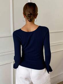 Livesso Cross Detail Long Sleeve Ribbed Knit Casual T-Shirt - Navy Blue - View 7