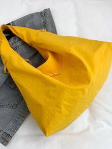 Spring & Summer New Yellow Nylon Fabric Handbag, Large Capacity Solid Color Shoulder Bag, Casual Japanese Style Tote Bag, Versatile College Student School Bag, Simple Fashion Handbag, Short Trip Travel Bag With Multi Zipper & Crescent Pocket Design - 黃色 - 查看 8
