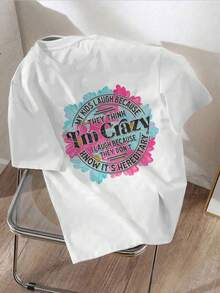 1 件女士休闲纯白色圆领短袖 T 恤，印有“I'm Crazy”字母彩色扎染设计，时尚简约风格，适合日常家居服、夏季 T 恤、冬季基本装、办公室和户外穿着