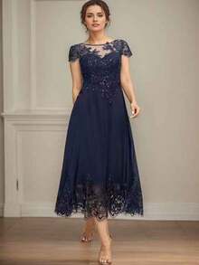 优雅拼接纯色雪纺刺绣礼服，适合正式派对、婚礼、生日、周年纪念、毕业典礼、正式晚宴等场合，四季皆宜，春季穿着 - 藏蓝色 - 查看 1