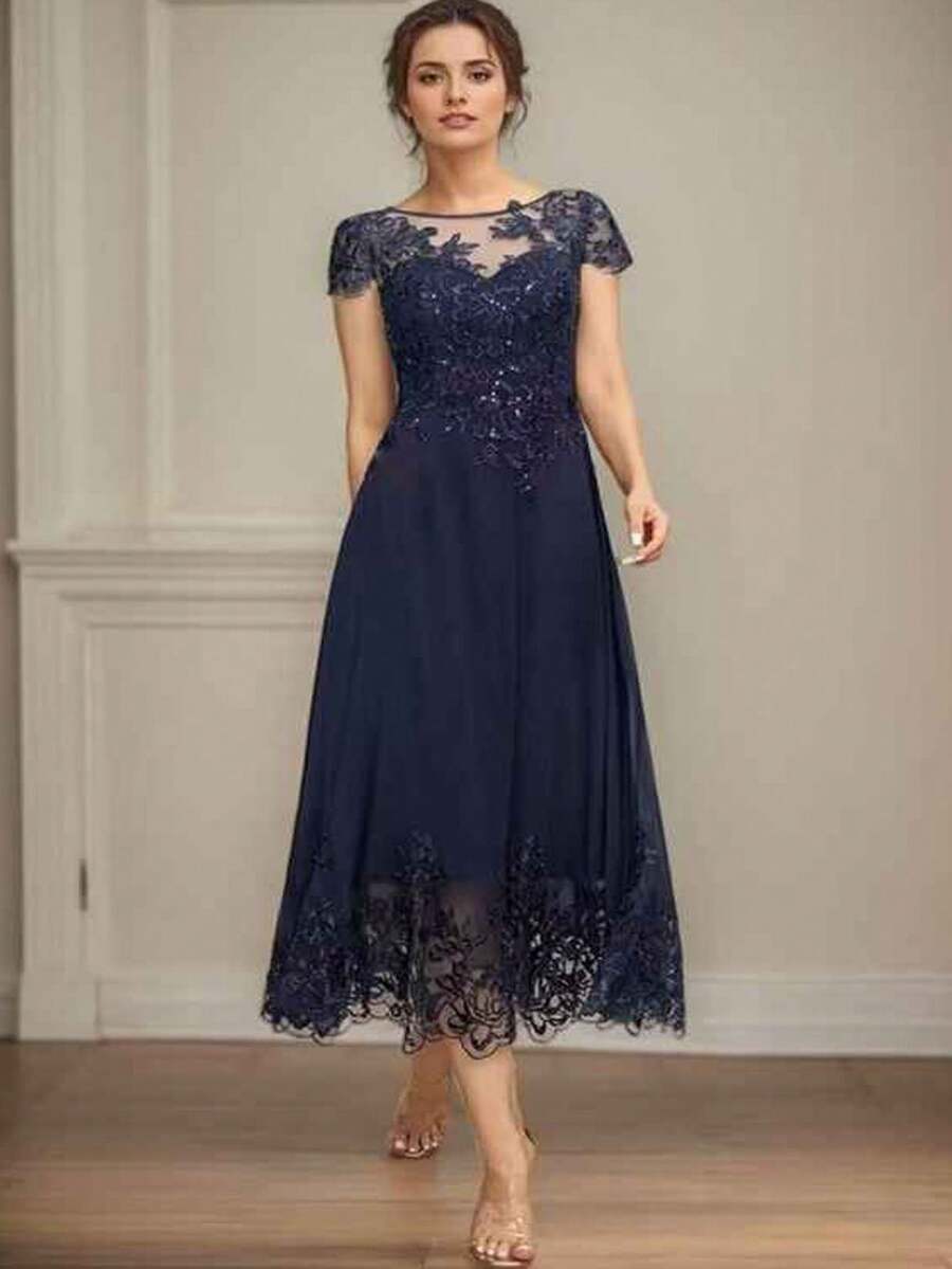 优雅拼接纯色雪纺刺绣礼服，适合正式派对、婚礼、生日、周年纪念、毕业典礼、正式晚宴等场合，四季皆宜，春季穿着 - 藏蓝色 - 查看 1