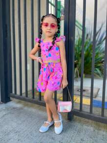 Flor de Lis - Conjunto Cropped e Short Estampado Florido Infantil - Verão Colorido Moda