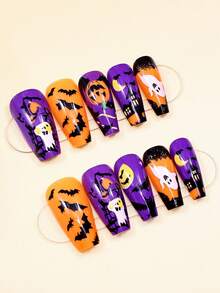 24 件万圣节指甲按压式夜城堡蝙蝠鬼棺材指甲和 1 个指甲锉条 + 1 片果冻胶指甲用品指甲