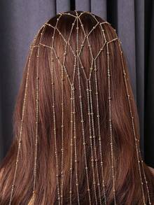 1 件金属网状流苏串珠发链，优雅合金发饰，宴会及日常佩戴皆宜，头饰首饰，头链，发藤链，发饰，学校用品， - 金色 - 查看 1