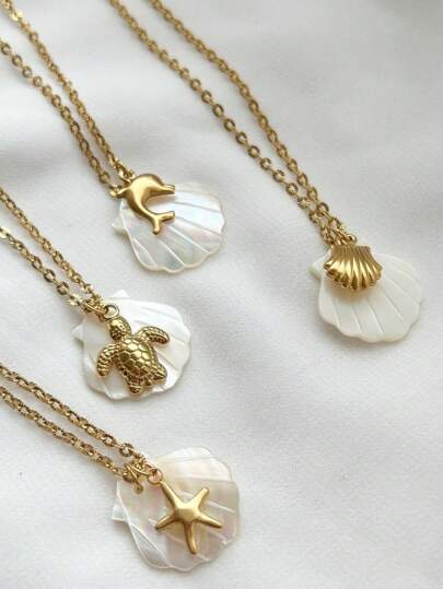 1 Piece Of Shell Turtle Starfish Dolphin Pendant Necklace Gold Resin Stainless Steel Material Fashion Ocean Style Suitable For Women's Summer Beach Vacation Daily Wear