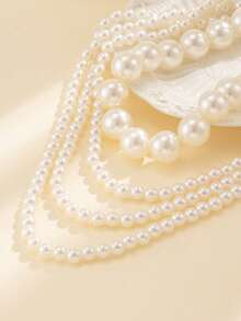 2pc Set Fashionable Elegant Asymmetrical Pearl Beaded Necklace, Luxurious Jewelry For Women, Catwalk Formal Dress Party Accessory, Gift For Her On Holidays