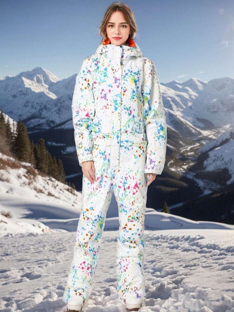 1-częściowy damski kombinezon narciarski w stylu graffiti z kieszeniami na zamek, odpinany kaptur do sportów zimowych, zimowa damska kurtka narciarska outdoorowa, uszczelniony zamek błyskawiczny z konstrukcją zapobiegającą zgubieniu, komplet narciarski z kieszeniami na zamek, zimowy kombinezon narciarski, odzież sportowa odpowiednia do aktywności na świeżym powietrzu, zimowy sprzęt narciarski, wzmocniona konstrukcja, funkcjonalny sprzęt narciarski, wytrzymały sprzęt narciarski, odzież narciarska, damskie stroje narciarskie - Wielokolorowe - Zobacz 1