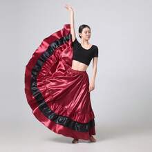 1pc Wine Red & Black Contrast Color Full Circle Hem Dress, Women's Belly Dance Flowy Bohemian Style Satin Lightweight Summer Beach Party Gown, Elegant A-Line Skirt Spring - Burgundy - View 7