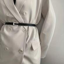 Women's Geometric Buckle PU Thin Belt, Solid Color Fashion Belt, Classic Retro Dress Coat Waist Belt - [銀色] - 查看 5