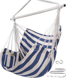 Hammock Chair Swing (500 Lbs Max) - Hanging Hammock Chair Rope Swing Indoor Hammock Chair,Outdoor Furniture,Swing Chair For Room,Amaca Para Adultos,Hamacas Para Adultos,Columpio Para Patio,Swing Sets Backyard, Patio Furniture Set For Bedroom, Outdoor, Patio, Bedroom, Porch, Deck - Sturdy Steel Bar With Anti-Slip Safety Rings - 藍白 - 查看 7
