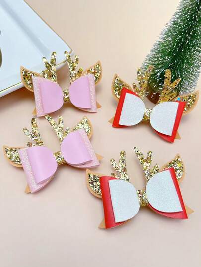 قطعتان مشبك شعر بتصميم قرون الرنة المزخرفة بالبريق، مناسبة لحفلات العطلات والتناسق اليومي، هدية للأطفال الرضع والصغار