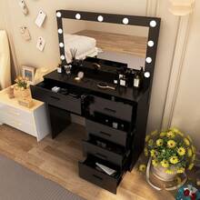 Black Makeup Vanity Table With Led Lighted Mirror Dressing Set , 5 Drawers, Large Lighted Mirror & LED Bulbs, 3 Color Lighting Modes & Dimmable, Girls Dressing Table With Led Mirror For Bedroom - Black