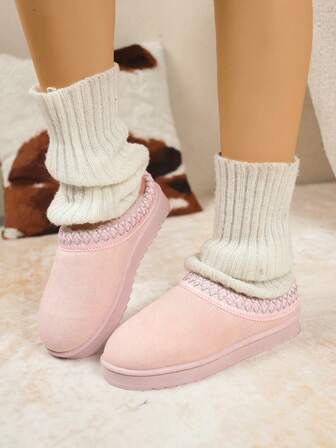 Höst/vinter Dam Plus Size Slip-On Stickad Krage Snökängor, Varma Och Lösa Inomhus-/Utomhusplyschskor, Pälsstövlar