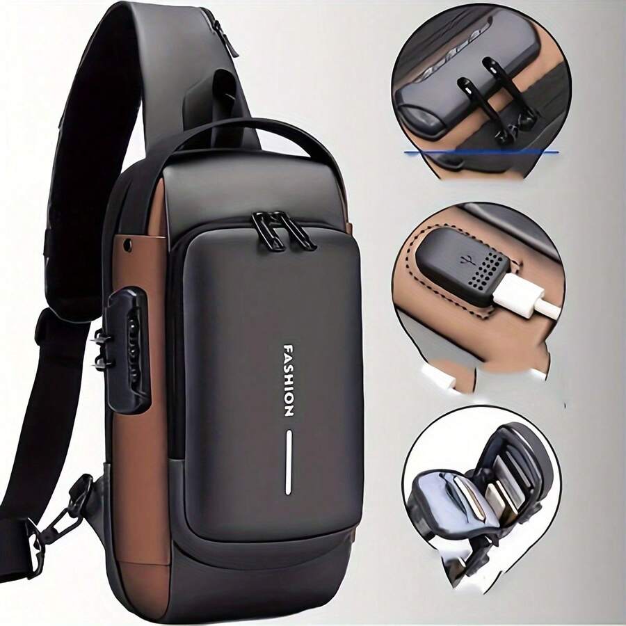 Men's Anti-Theft Combination Lock Chest Bag - Durable Oxford Fabric, Adjustable Shoulder Strap, Suitable For Motorcycle Riding And Casual Sports, Compact Crossbody Bag, Multi-Functional Secure Compartment, Fashionable Black Design, High-Quality Zippers, Essential For Outdoor Activities, Durable And Versatile, Exclusive For Sports Enthusiasts - 黑色 - 查看 1